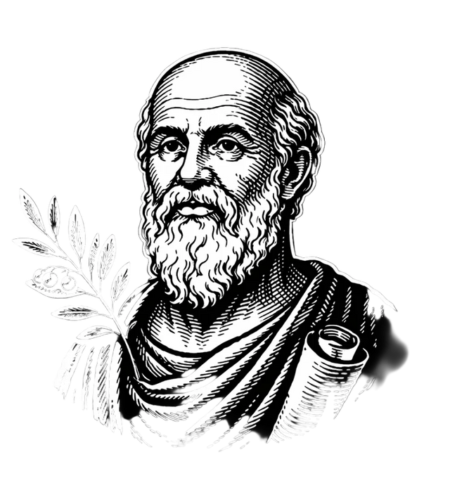 Black and white illustration of a classical scholar with an olive branch and scroll on a black background